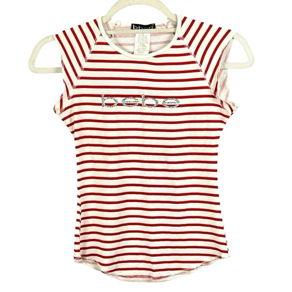 bebe Sport Red & White Striped Glitter Logo Tee S